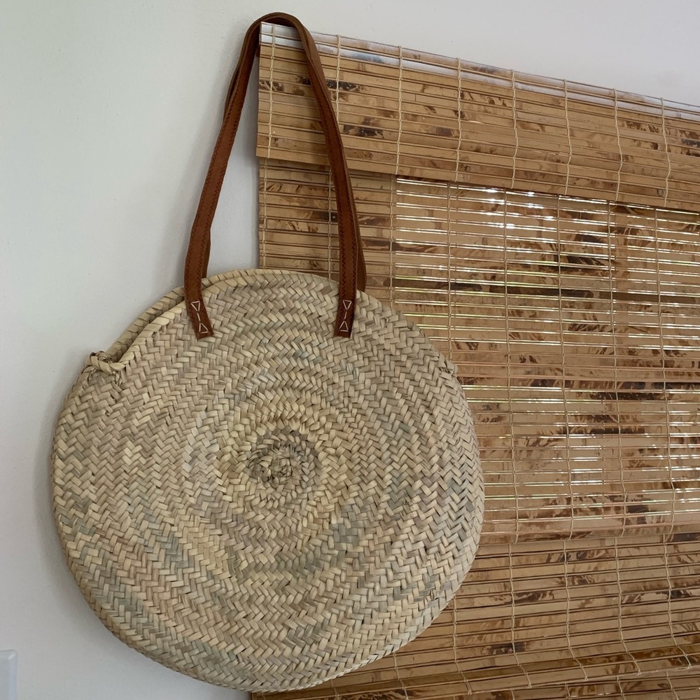 Round straw purse bag leather purse circle large - Picture 3 of 7